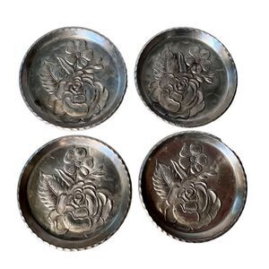 4 Vintage EVERLAST Forged Aluminum Floral Rose Dogwood Pattern Coasters MCM